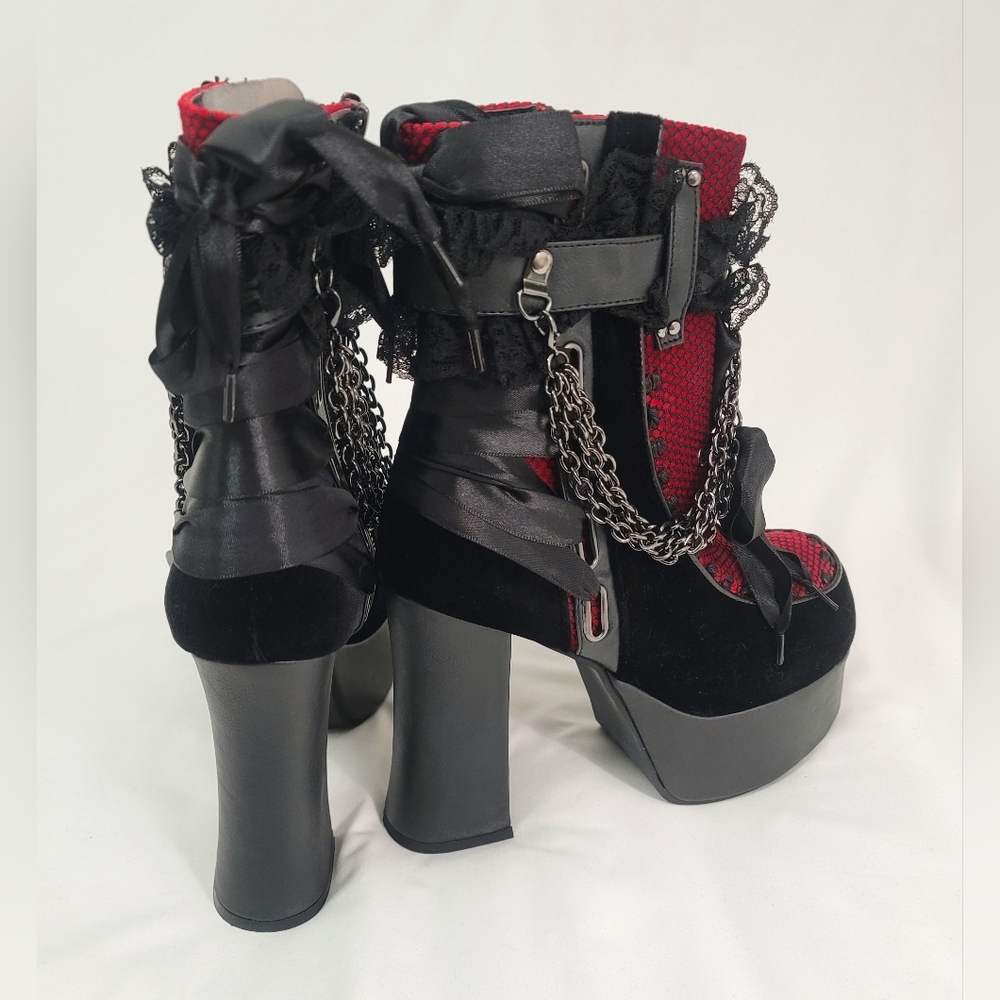 Demonia Red and Black Heeled Boots - Picture 4 of 6